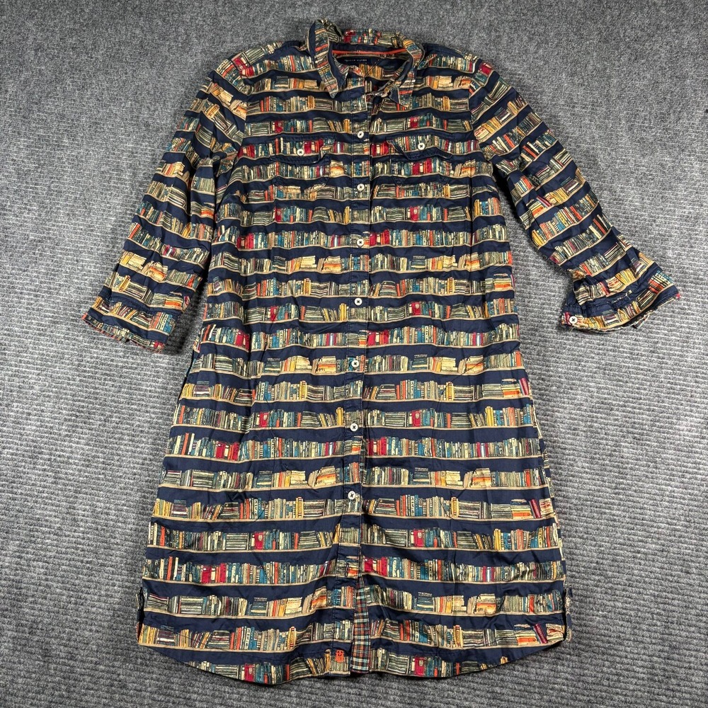 Tommy Hilfiger Shirt Dress Womens M Navy Bookshelf Print Excellent Dark Academia